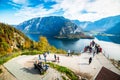 Hallstatt Skywalk World Heritage View Welterbeblick. Tourists visiting Skywalk platform. HALLSTATT, AUSTRIA