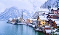 Hallstatt town on a lake in Alps mountains, Austria, in winter