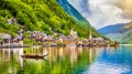 Hallstatt with traditional PlÃÂ¤tte boat, Salzkammergut, Austria