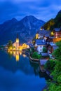 Hallstatt village in Alps at dusk