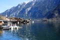 Small scenic village with snowy mountain on the background Royalty Free Stock Photo