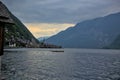 Hallstatter lake and Hallstatt village with cloudy sky in Austrian Alps. Royalty Free Stock Photo