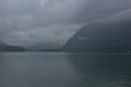 Hallstatter lake near Hallstatt village with cloudy sky in Austrian Alps. Royalty Free Stock Photo