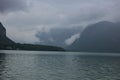 Hallstatter lake near Hallstatt village with cloudy sky in Austrian Alps. Royalty Free Stock Photo