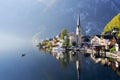 The famous Hallstatt lake in a autumn foggy morning Royalty Free Stock Photo