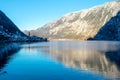 Hallstattersee lake in village Hallstatt western shore in Austria`s mountainous Salzkammergut region in winter