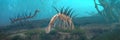 Hallucigenia, prehistoric aquatic animals from the Cambrian Period 3d paleoart illustration banner