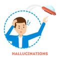 Hallucination concept. Man see UFO. Schizophrenia symptom