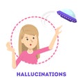 Hallucination concept. Woman see UFO. Schizophrenia symptom Royalty Free Stock Photo