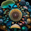 Hallucinogenic mushrooms look from a microscope. Generative AI.