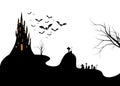 Halloween night background with a castle and cemetery,  illustration isolated on white background with copy space Royalty Free Stock Photo