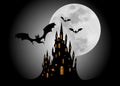 Mystic illustration, dark red background on a spooky full moon background with silhouettes of characters and scary bats