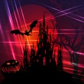 Mystic illustration, dark red background on a bloody big moon background with silhouettes of characters and scary bats