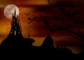 Mystic illustration, dark orange background on a spooky full moon background with silhouettes of characters and scary bats