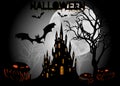 Halloween party, Mystic vector illustration, dark background on a spooky full moon with silhouettes of characters and scary bats Royalty Free Stock Photo