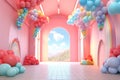 Hallway adorned with balloons and streamers