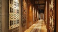 The hallway is adorned with a collection of woven wall hangings from various Asian cultures each displaying unique