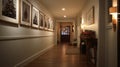 A hallway adorned with winter-themed artwork and decor,