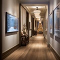 A hallway adorned with winter-themed artwork and decor,