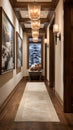 A hallway adorned with winter-themed artwork and decor,