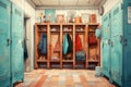 A hallway with blue lockers and coats, AI