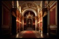 a hallway with a chandelier and a red carpet and walls with gold trim and a chandelier