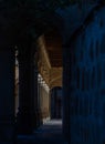 Hallway of the cloister of the University of Salamanca with the columns, arches, wooden ceiling and stone wall dimly illuminated