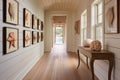 hallway with framed seashell collection and light wooden floors