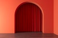 Hallway with geometric arch, red walls and red curtains. 3d rendering. Concept of good future ahead. Mysterious future,