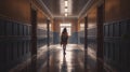 Hallway of a highschool with a female student walking. Lights are on. View from the back