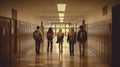 Hallway of a highschool with male and female students walking. Lights are on. View from the back