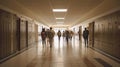 Hallway of a highschool with male and female students walking. Lights are on. View from the back.