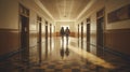 Hallway of a highschool with male and female students walking. View from the back.