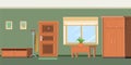 Hallway house. Cozy room in a residential building. Door and window. Furniture in the interior. The walls are painted or