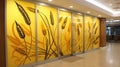 A hallway with a large yellow wall with wheat on it, AI