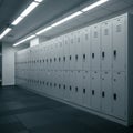A hallway lined with a row of uniform gray metal lockers, featuring numbered doors an Royalty Free Stock Photo