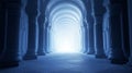 A Hallway Lined with White Pillars Leading to a Bright Light Royalty Free Stock Photo
