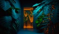 Hallway lit up with neon lights and tropical plants. Generative AI Royalty Free Stock Photo