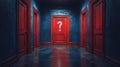 A hallway with multiple doors, each marked with a question mark, symbolizing lifes choices and endless possibilities. Royalty Free Stock Photo