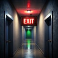 Hallway with Red EXIT Sign and Green Light at the End of the Corridor exit sign emergency exit Royalty Free Stock Photo