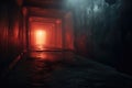 Hallway. red glowing Halloween misty fog. Spooky haunted abandoned. Misty, foggy, ghostly. Post apocalyptic. Royalty Free Stock Photo