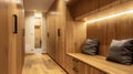 A hallway with tall wooden cabinets and builtin wooden bench providing both storage and a convenient seating area. .