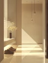 Hallway with wood vase, beige shoes on hardwood floor