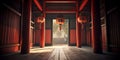 Hallway with wooden red arche of Torii at monastery. Generative AI