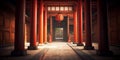 Hallway with wooden red arche of Torii at monastery. Generative AI