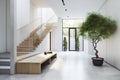 Hallway with wooden staircase and glass wall. Big potted tree against wooden bench. Minimalist home interior design of modern Royalty Free Stock Photo