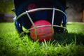 Halmet and cricket ball on a green grass. Halmet protects batsman from fast ball