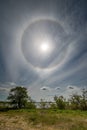 Halo around the sun in a layer of cirrostratus clouds.