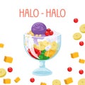 Halo halo is a cold sweet dessert. A very tasty dessert in the Philippines. Vector illustration with fruit background. Royalty Free Stock Photo