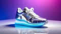 Halograic shiny sneakers on a neon background.
